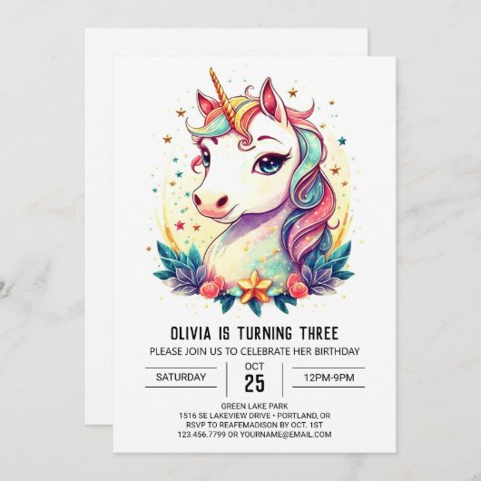 Digital Unicorn Birthday Bliss Einladung (Vorne/Hinten)