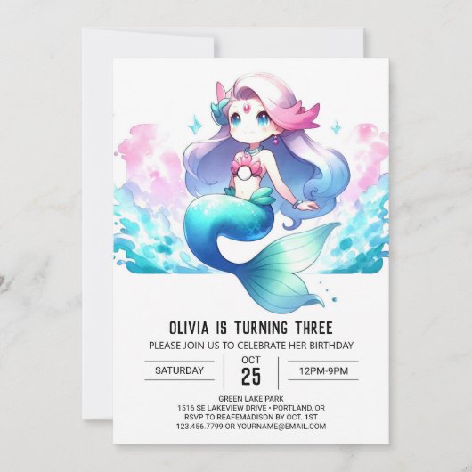 Digital Whimsy Mermaid Birthday Einladung (Vorderseite)
