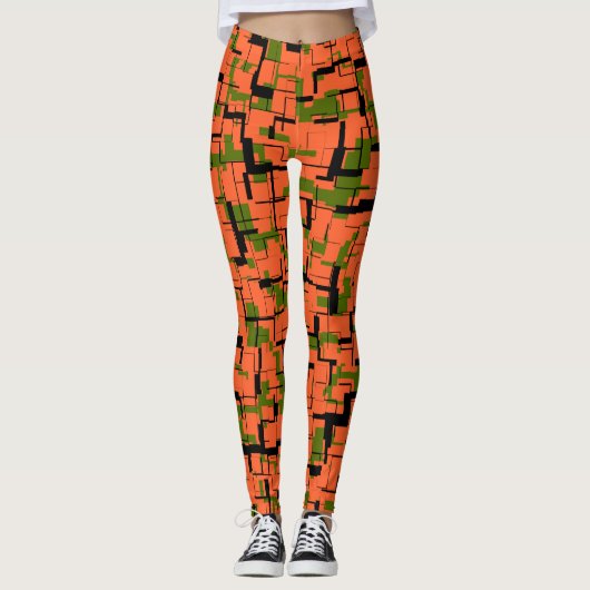 Digitale Camouflage Grün-Orangefarbenes Muster Leggings (Vorderseite)