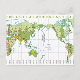 Digitale Darstellung der Weltkarte mit Zeitangabe Postkarte