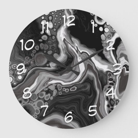 Digitale Fluid Art aus schwarzem und weißem Marmor Große Wanduhr (Vorderseite)