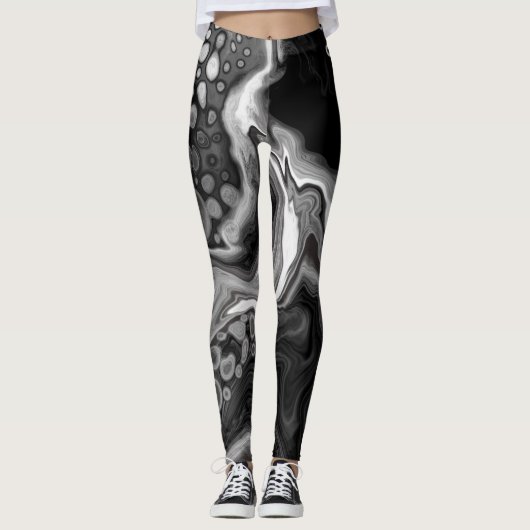 Digitale Fluid Art aus schwarzem und weißem Marmor Leggings (Vorderseite)