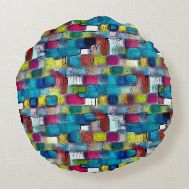 Digitale, grobe Textur mit sehr farbigem Quadrat Rundes Kissen (Rückseite)