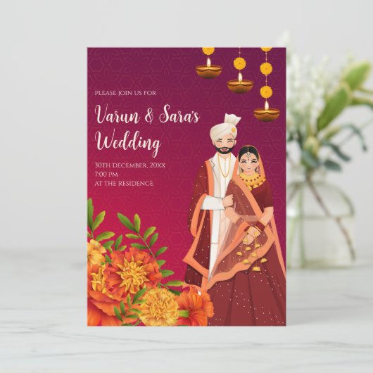 Digitale indische Einladung Hindu Hochzeitkarte (Stehend Vorderseite)