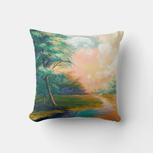 Digitale Kunstmalerei Landschaft, Fluss im Frühlin Kissen