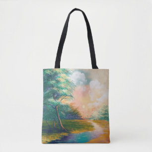 Digitale Kunstmalerei Landschaft, Fluss im Frühlin Tasche