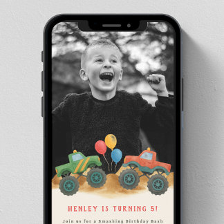 Digitale Monster Truck Kids Foto Geburtstagsparty Einladung