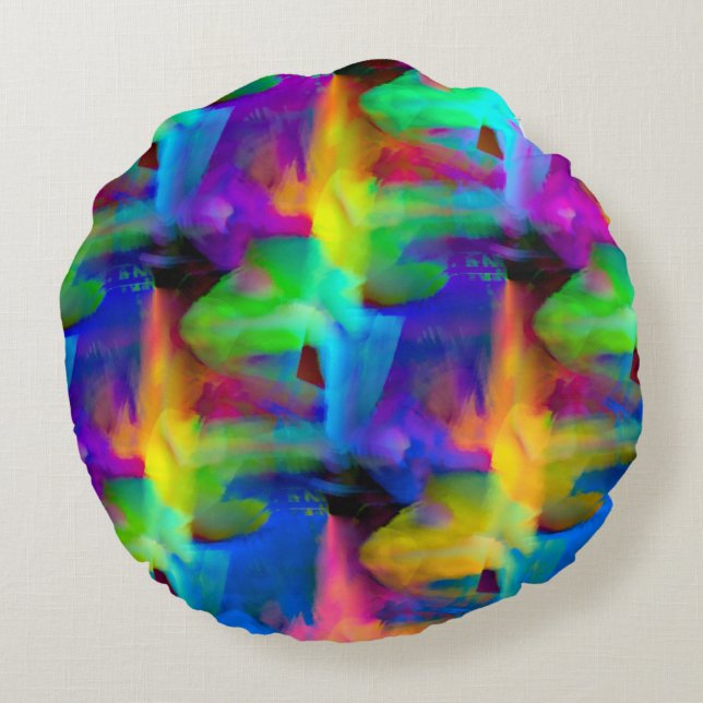 Digitale Pinselstriche in sehr farbigen Farben Rundes Kissen (Rückseite)