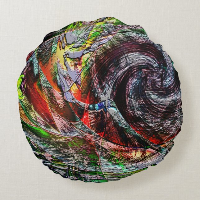 Digitale Ruinen Textur über rotem bis gelbem Farbv Rundes Kissen (Rückseite)