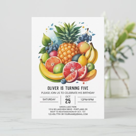 Digitaler Apple-Früchte Aquarell Geburtstag Einladung (Stehend Vorderseite)