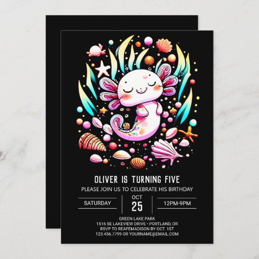 Digitaler Axolotl-Kindergeburtstag Einladung (Vorne/Hinten)