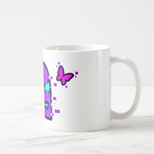 Digitaler Charakter mit Cyberpunk Neon Butterfly Kaffeetasse (Rechts)