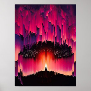 Digitaler Glitch-Sonnenuntergang-Horizont Poster
