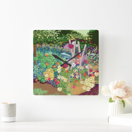 Digitaler Kunstdruck im Blumengarten Quadratische Wanduhr (Zuhause)