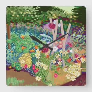 Digitaler Kunstdruck im Blumengarten Quadratische Wanduhr