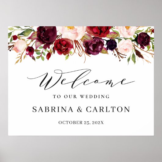 (Digitaler Nutzen) Burgundy Red Floral Wedding Sig Poster (Vorne)