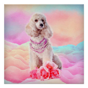 Digitaler Pudel Kunst des Watercolor mit Blumen Poster