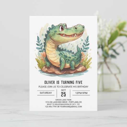 Digitales Bohemisches Krokodil Geburtstag Einladung (Stehend Vorderseite)