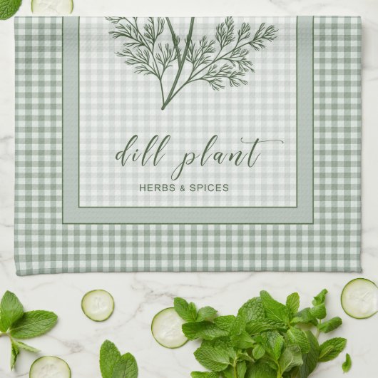Dill Herb Kitchen Towel – Green Gingham Border Geschirrtuch (Gefaltet)