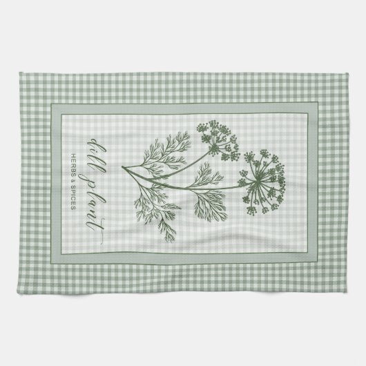 Dill Herb Kitchen Towel – Green Gingham Border Geschirrtuch (Horizontal)