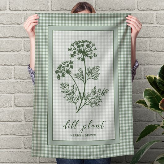 Dill Herb Kitchen Towel – Green Gingham Border Geschirrtuch