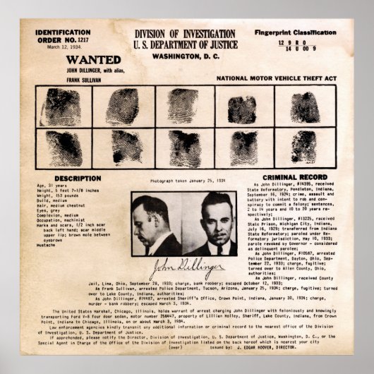 DILLINGER FINGERPRINT CLASSIFICATION CARD 1934 POSTER (Vorne)