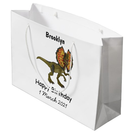 Dilophosaurus-Cartoon Große Geschenktüte (Rückseite Schrägansicht)