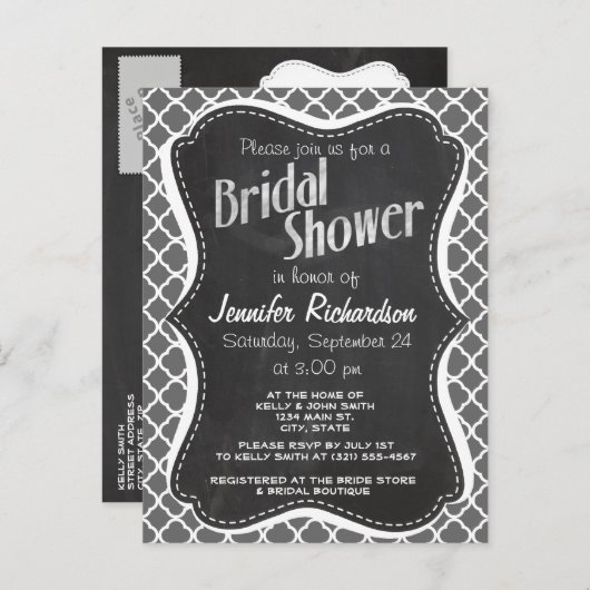 Dim Gray Quatrefoil; Chalkboard-Look Einladungspostkarte (Vorne/Hinten)