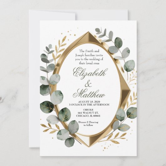 Dimensional Gold Eucalyptus Geometric Oval Einladung (Vorderseite)