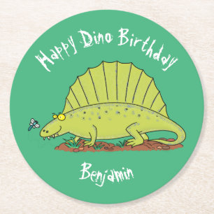 Dimetrodon Happy Green Dinosaurier Cartoon Runder Pappuntersetzer