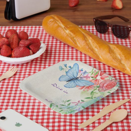 Dine In, Blue Butterfly Blume Wasserfarbe Pappteller (Picknick)