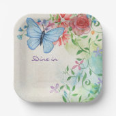 Dine In, Blue Butterfly Blume Wasserfarbe Pappteller (Vorderseite)
