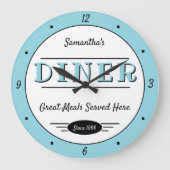 Diner Any Name Date Retro Robin Egg Blue Black Große Wanduhr (Vorderseite)