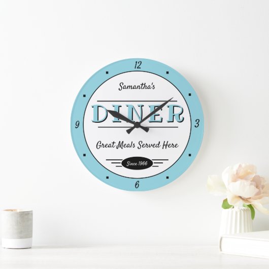 Diner Any Name Date Retro Robin Egg Blue Black Große Wanduhr (Zuhause)