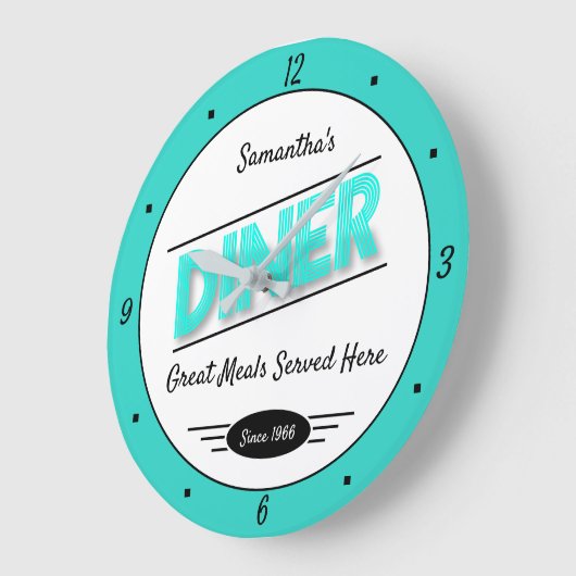 Diner beliebiger Name Datum Retro Türkis Schwarz-w Große Wanduhr (Winkel)