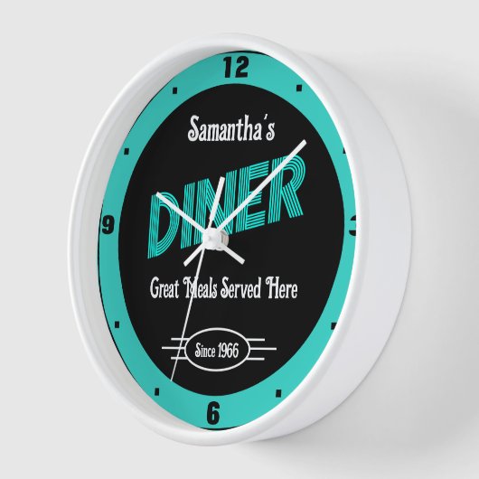 Diner beliebiger Name Stildatum Retro Türkis Schwa Uhr (Winkel)