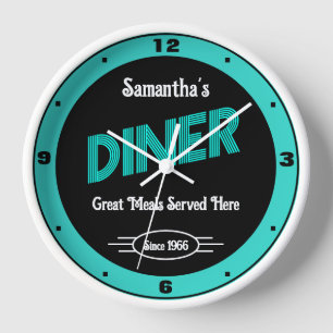 Diner beliebiger Name Stildatum Retro Türkis Schwa Uhr