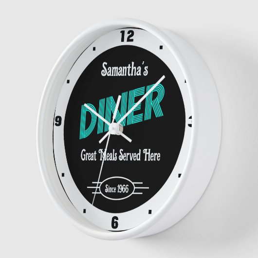 Diner beliebiger Name Stildatum Retro Türkis Weiß Uhr (Winkel)