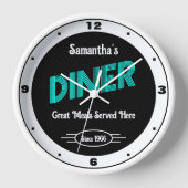 Diner beliebiger Name Stildatum Retro Türkis Weiß Uhr (Vorderseite)