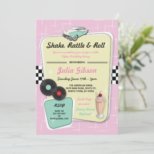 Diner Birthday Party 1950s 50er Retro Einladung (Stehend Vorderseite)