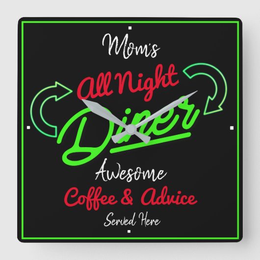 Diner Mama Name Neon Green Effect Red Black Funny Quadratische Wanduhr (Vorderseite)