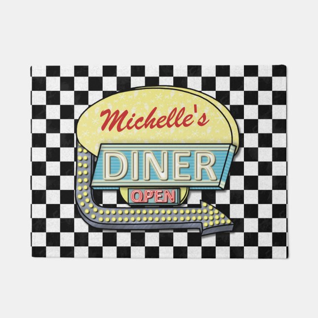 Diner Sign Retro 50er Black Checked| Individuelle  Fußmatte (Vorderseite)