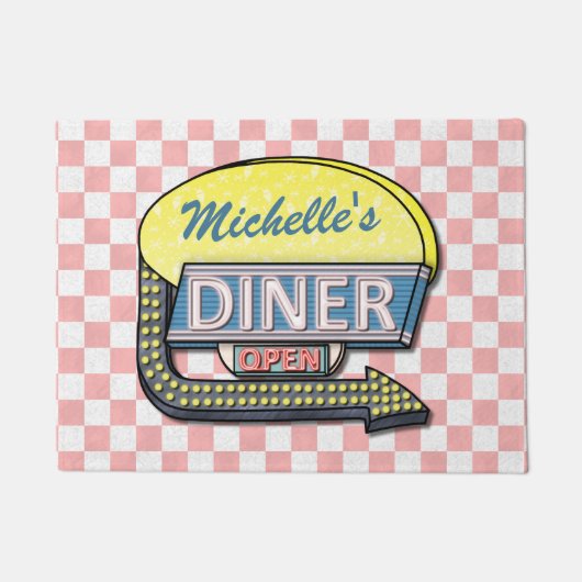 Diner Sign Retro 50er Pink Checked| Individuelle N Fußmatte (Vorderseite)