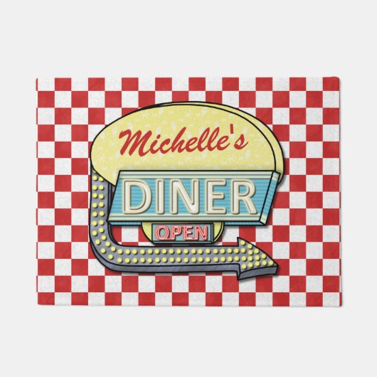 Diner Sign Retro 50er Red Checked| Individuelle Na Fußmatte (Vorderseite)