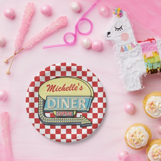 Diner Sign Retro 50er Red Checked| Individuelle Na Pappteller (Party)