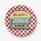 Diner Sign Retro 50er Red Checked| Individuelle Na Pappteller (Vorderseite)