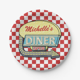 Diner Sign Retro 50er Red Checked Individuelle Na Pappteller