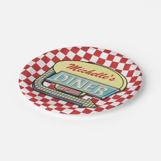 Diner Sign Retro 50er Red Checked| Individuelle Na Pappteller (Schrägansicht)