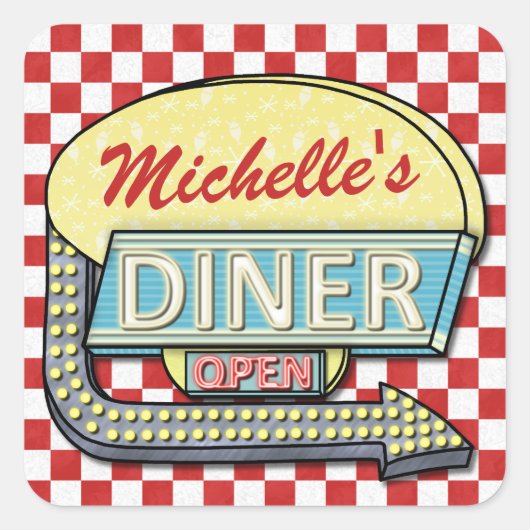 Diner Sign Retro 50er Red Checkered | INDIVIDUELLE Quadratischer Aufkleber (Vorderseite)
