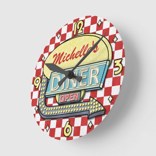 Diner Sign Retro 50er Red Checkered | INDIVIDUELLE Runde Wanduhr (Winkel)